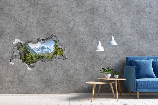 Sticker mural effet trou 3d Paysage montagneux derrière le trou dans le mur