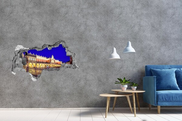 Autocollant mural trou La place du marché principal de Cracovie la nuit