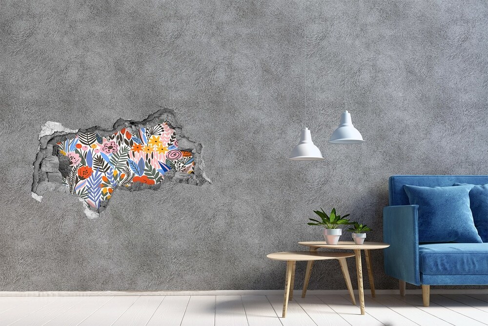 Sticker mural effet trou 3d Motif floral béton