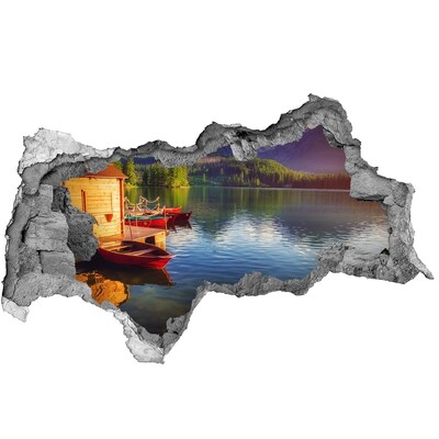 Sticker mural effet trou 3d Paysage de montagne avec des bateaux