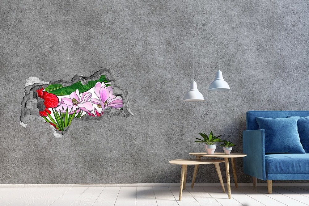 Sticker mural effet trou 3d Fleurs hawaïennes béton