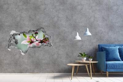 Autocollant à effet 3d trou Des fleurs de magnolia dans un mur endommagé