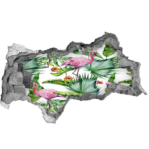 Sticker mural effet trou 3d Oasis paradisiaque avec flamants roses