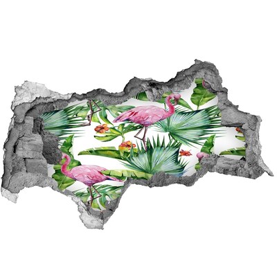 Sticker mural effet trou 3d Oasis paradisiaque avec flamants roses