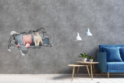 Autocollant mural trou Chat blanc et écheveaux béton