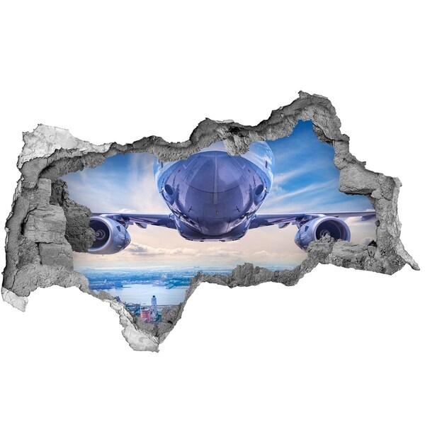Sticker mural effet trou 3d Avion au-dessus de la ville béton