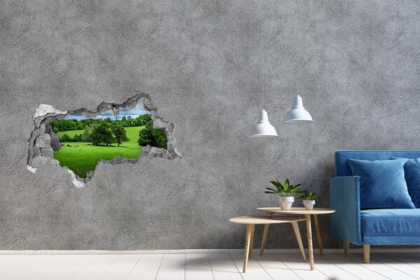 Sticker mural effet trou 3d prairie verte avec des arbres