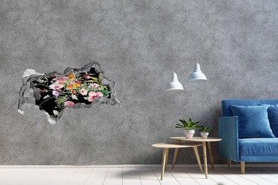 Sticker mural effet trou 3d Fleurs et oiseaux béton