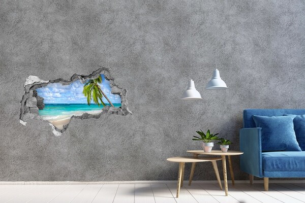 Sticker mural effet trou 3d Plage des Caraïbes à travers un trou dans le mur