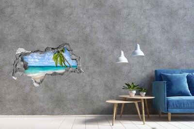 Sticker mural effet trou 3d Plage des Caraïbes à travers un trou dans le mur