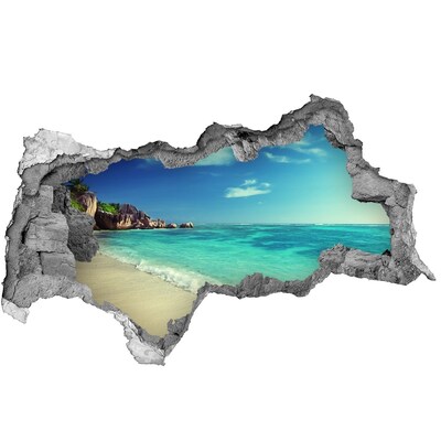 Sticker mural effet trou 3d Plage des Seychelles béton