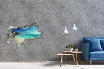 Sticker mural effet trou 3d Plage des Seychelles béton