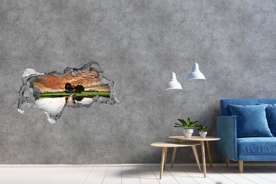 Sticker mural effet trou 3d Coucher de soleil sur l'étang