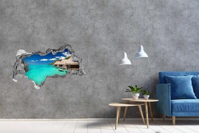 Sticker mural effet trou 3d Le lagon paradisiaque parmi les bungalows