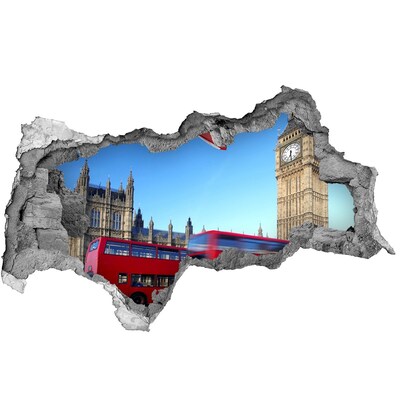 Sticker mural effet trou 3d L'horizon londonien avec un bus rouge