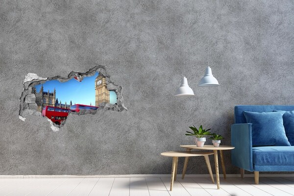 Sticker mural effet trou 3d L'horizon londonien avec un bus rouge