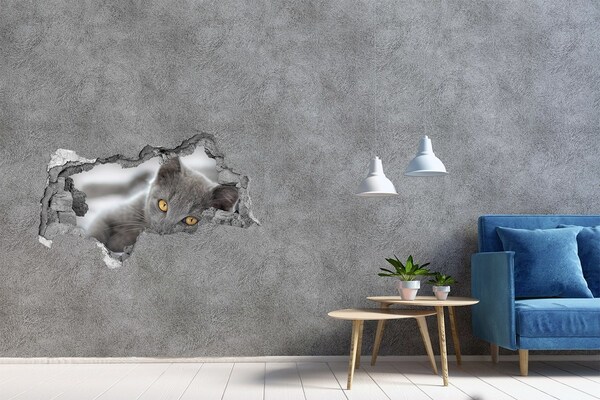 Autocollant mural trou Chat gris dans un trou dans le mur