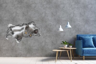 Autocollant mural trou Chat gris dans un trou dans le mur
