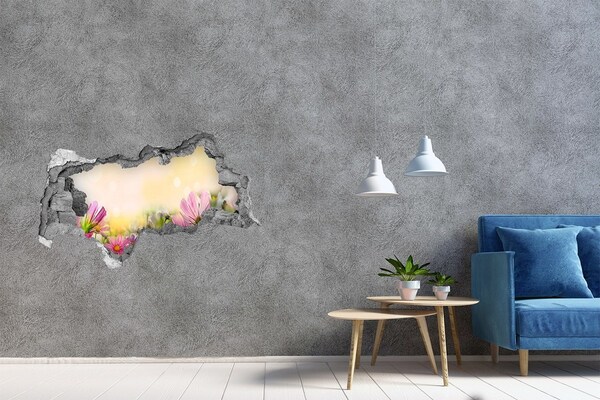 Autocollant à effet 3d trou Un paysage floral derrière un trou dans le mur