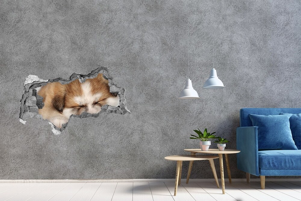 Sticker mural effet trou 3d Chiot Akita béton