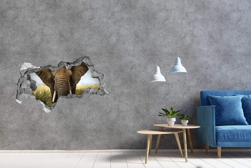 Sticker mural effet trou 3d Eléphant dans la savane béton