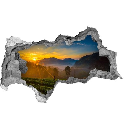 Sticker mural effet trou 3d Coucher de soleil dans les montagnes