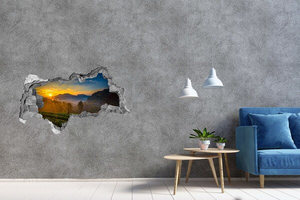 Sticker mural effet trou 3d Coucher de soleil dans les montagnes