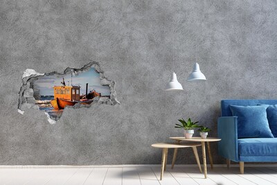 Sticker mural effet trou 3d Une baie avec un bateau de pêche