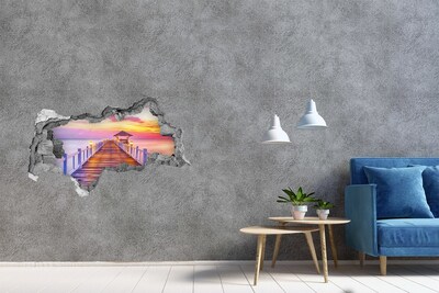 Sticker mural effet trou 3d Coucher de soleil sur la jetée