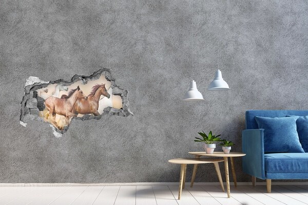 Sticker mural effet trou 3d Chevaux au galop dans la nature
