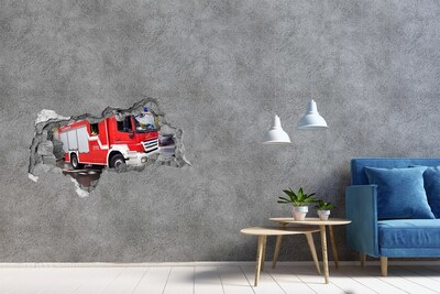 Sticker mural effet trou 3d Camion de pompiers en action