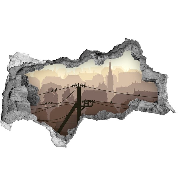 Autocollant à effet 3d trou Vue de la ville à travers un trou dans le mur