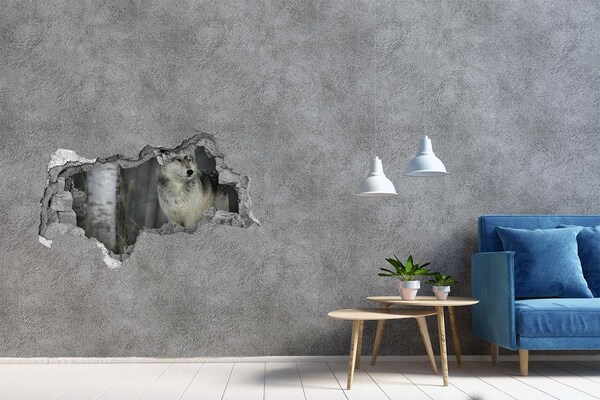 Sticker mural effet trou 3d Le loup dans son habitat naturel