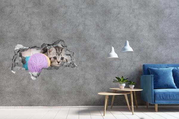 Sticker mural effet trou 3d Le chaton derrière le mur