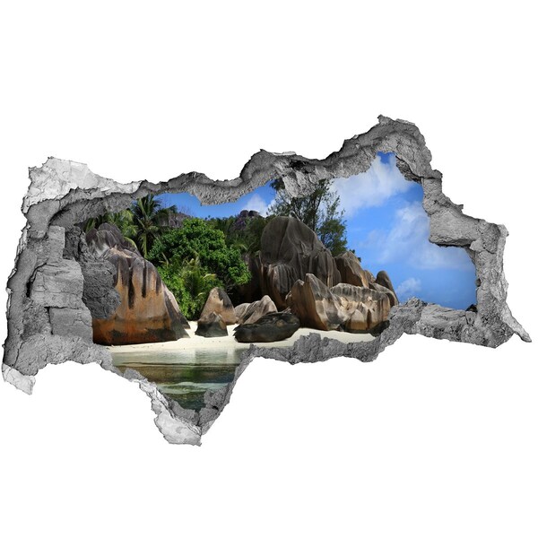 Sticker mural effet trou 3d Panorama des Seychelles béton