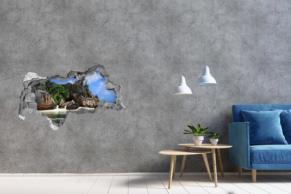 Sticker mural effet trou 3d Panorama des Seychelles béton