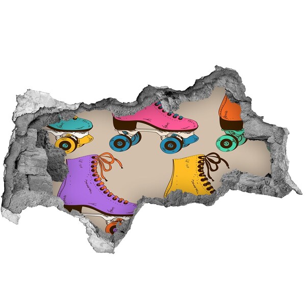 Autocollant à effet 3d trou Des patins à roulettes colorés dans un trou dans le mur