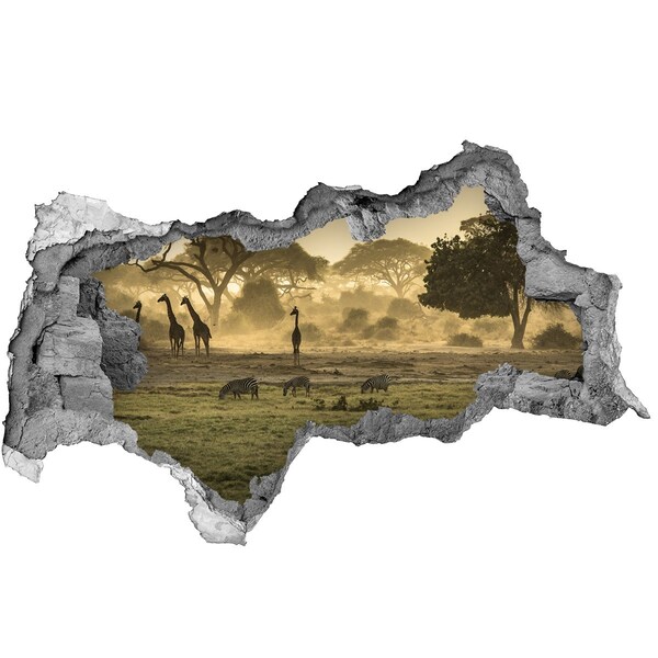 Autocollant à effet 3d trou Girafes dans la savane béton