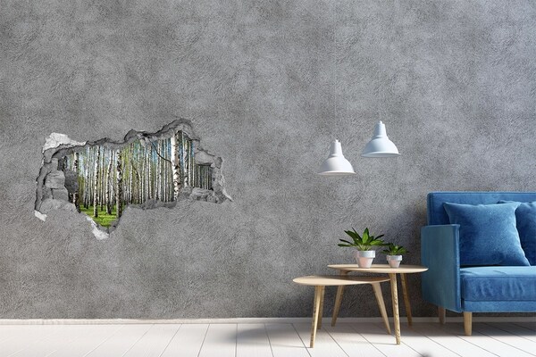 Sticker mural effet trou 3d Forêt de bouleaux béton