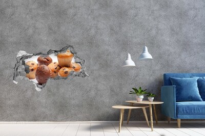 Sticker mural effet trou 3d Des pâtisseries sucrées cachées derrière le mur