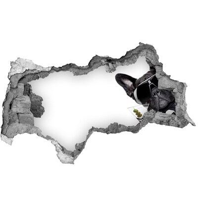 Sticker mural effet trou 3d Chien élégant avec un verre