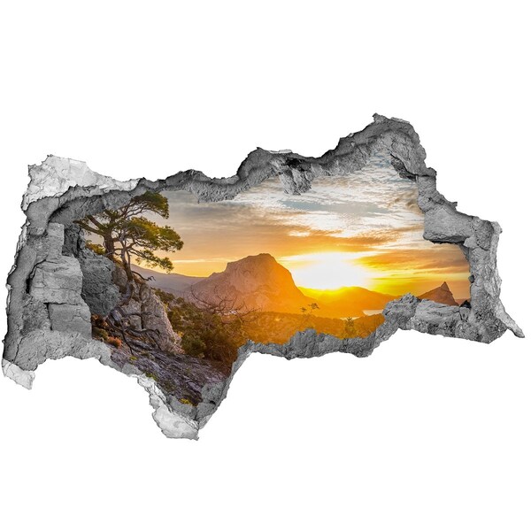 Sticker mural effet trou 3d Coucher de soleil dans les montagnes