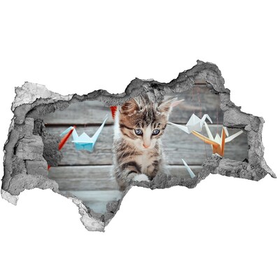 Sticker mural effet trou 3d Chaton dans un trou dans le mur