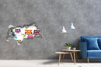 Sticker mural effet trou 3d Hiboux colorés béton