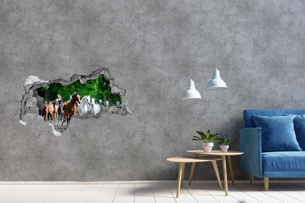 Sticker trou dans le mur Un troupeau de chevaux en fuite