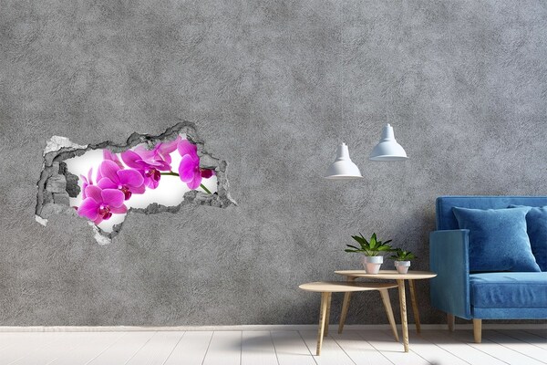 Sticker mural effet trou 3d Des orchidées à travers un trou dans le mur