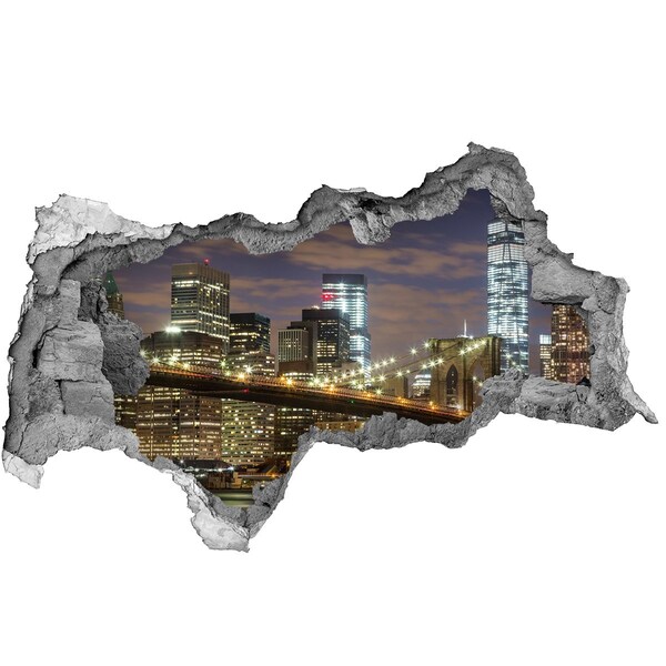 Sticker mural effet trou 3d Vue du pont de Brooklyn la nuit