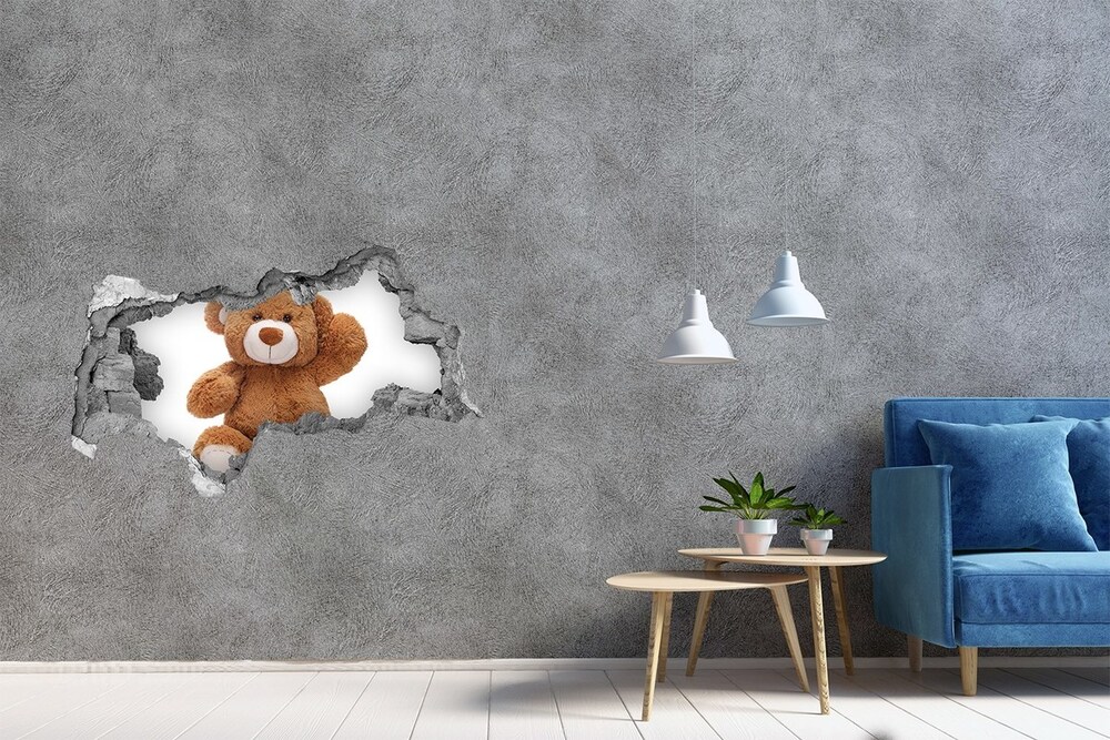 Sticker mural effet trou 3d Ours en peluche béton