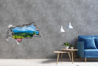Sticker mural effet trou 3d Paysage de montagne avec des fleurs