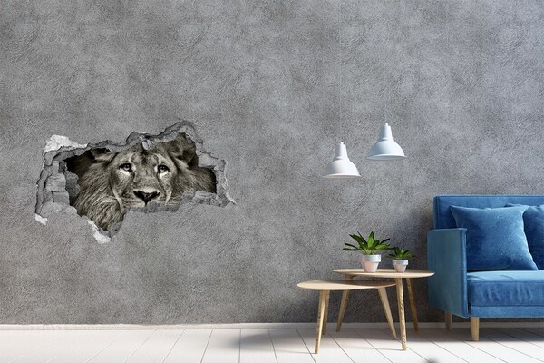 Sticker mural effet trou 3d Portrait de lion à travers un trou dans le mur